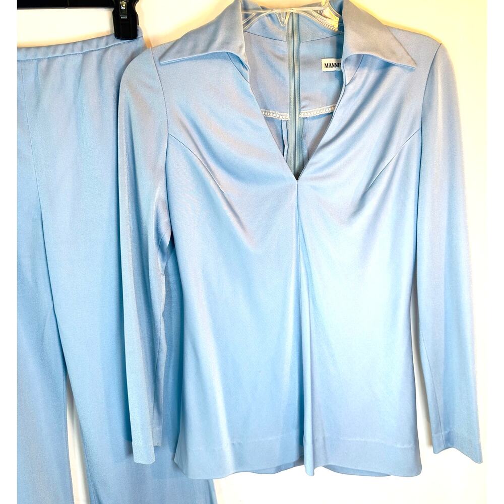 Vintage Manning Silver Light Blue Bell Bottom Pantsuit 70s Disco Set Y2K Revival